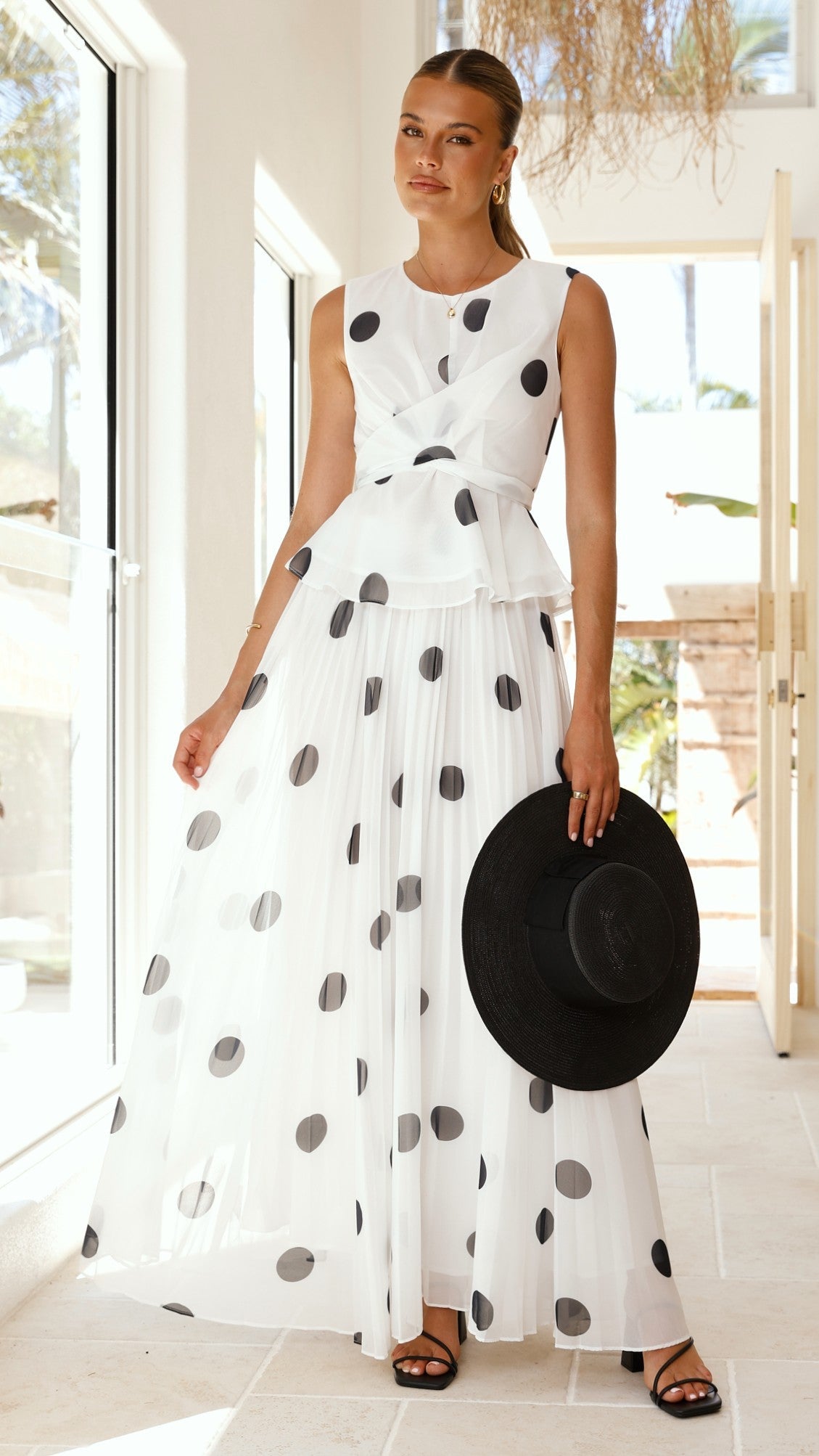Cambree Peplum Top and Maxi Skirt Set - White / Black Polka Dot