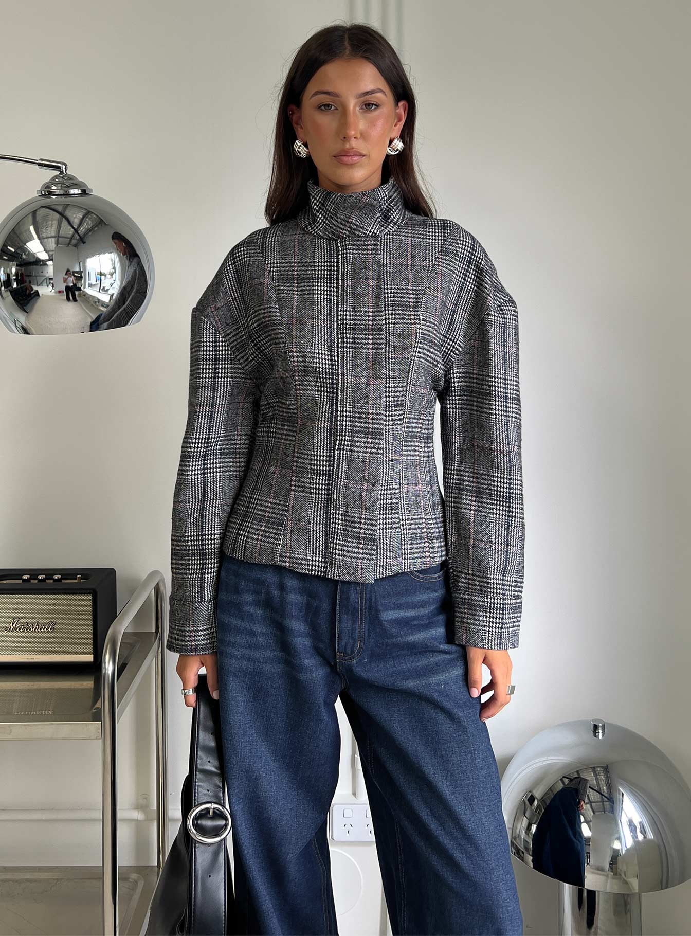 Cathrine Cinched High Neck Jacket Grey Plaid