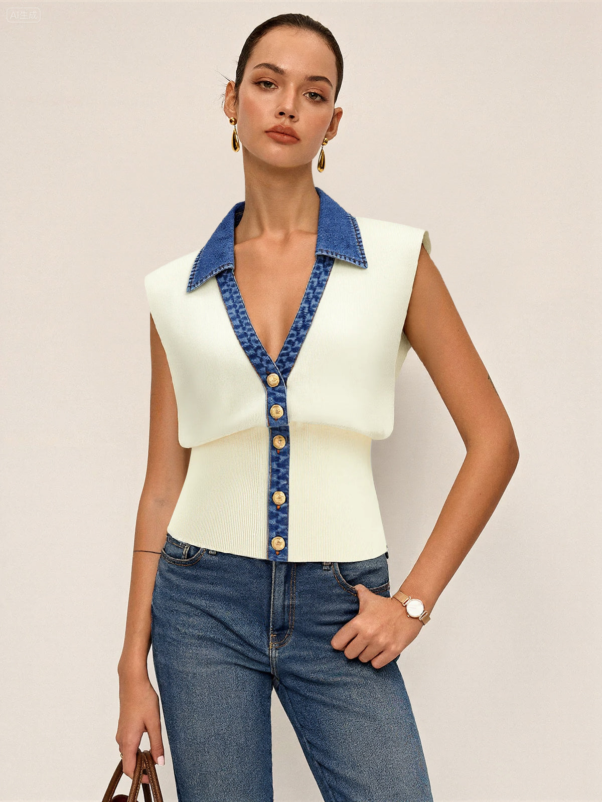 Denim Trim Metal Button Knit Vest