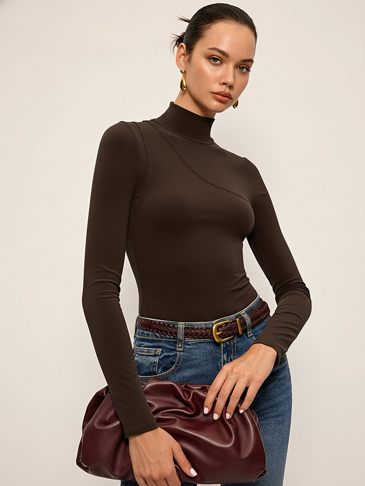 Seam Detail Mock Neck Long-Sleeve T-Shirt
