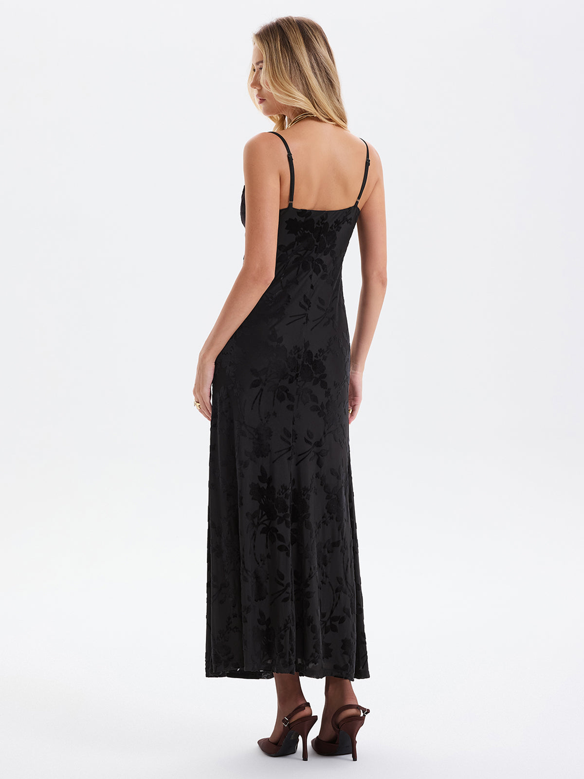 Cami Flocked Floral Mesh Maxi Dress