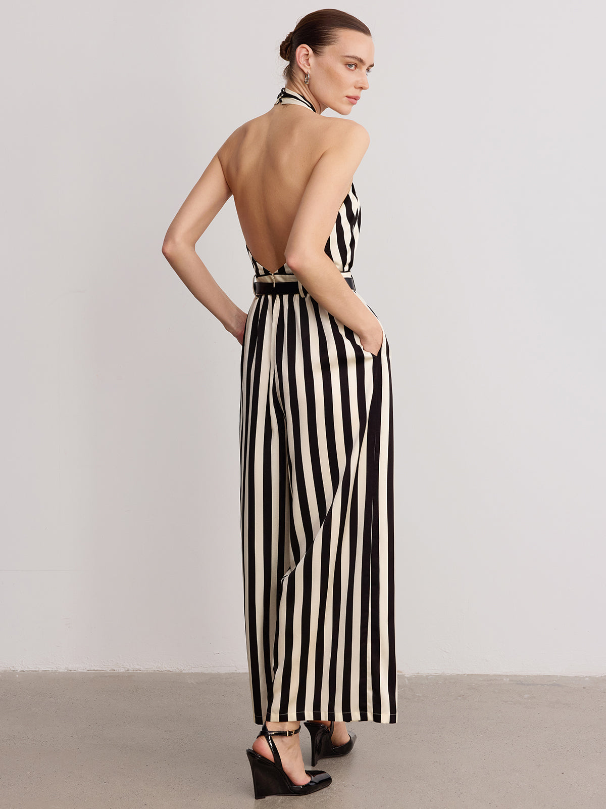 Halter Striped Belted Jumpsuit
