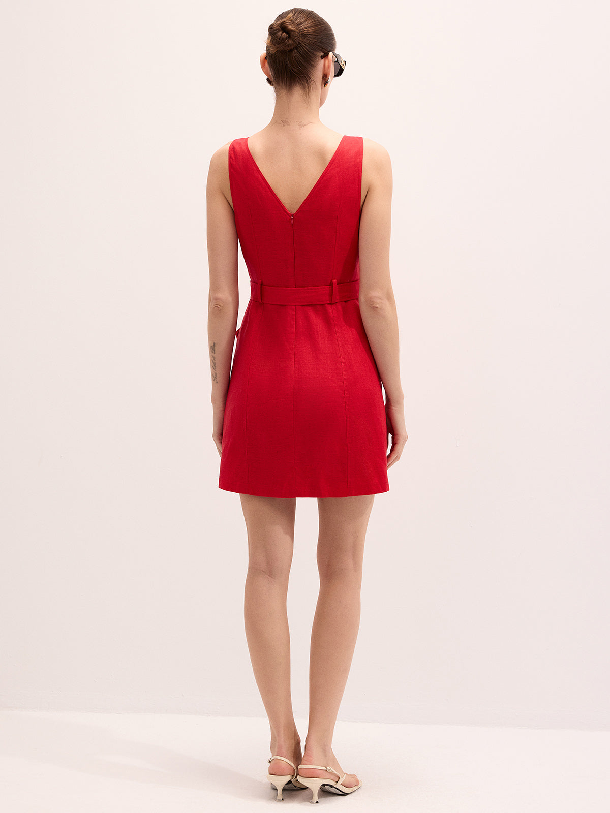 Linen Blend Sleeveless Belted Mini Dress