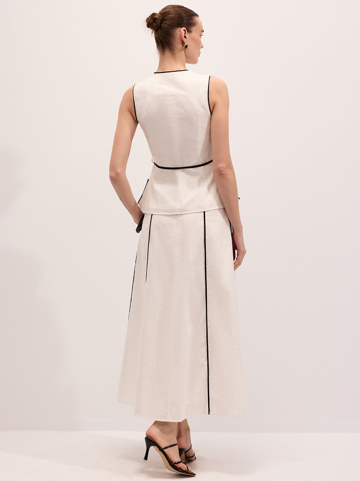 Semi-Sheer Cotton Linen Contrast Piping Top & Maxi Skirt Set