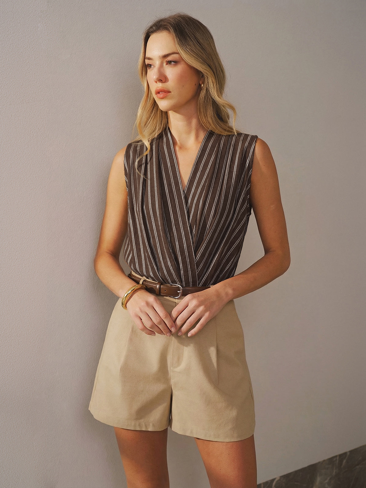 Cotton Linen Striped Sleeveless Wrap Bodysuit