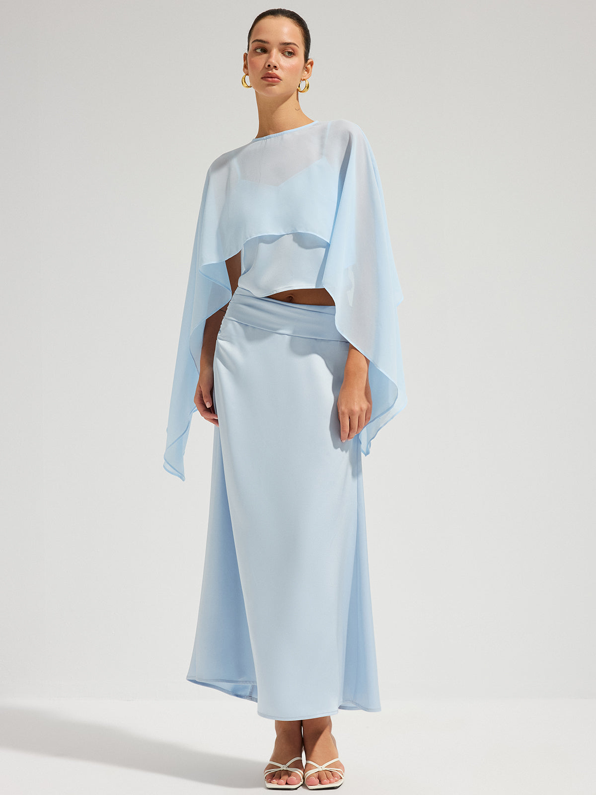 Sheer Cape Top & Satin Maxi Skirt Set
