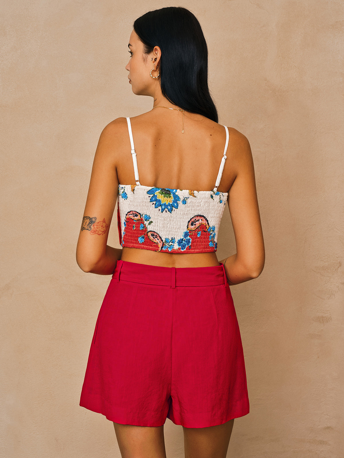 Floral Print Pleated Cami Top & Belted Shorts Set