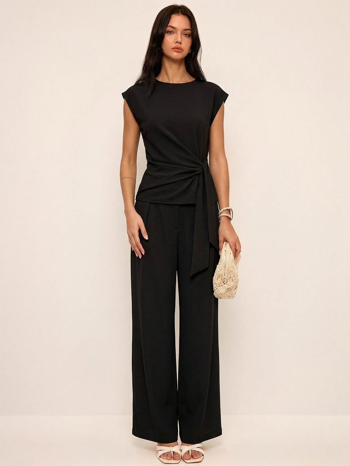 Tie Waist Sleeveless Top & Wide Leg Pants Set