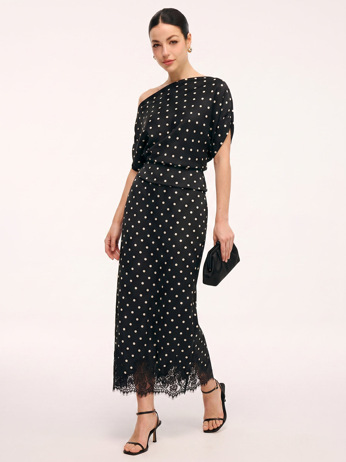 Polka Dot Top & Lace Trim Midi Skirt Set