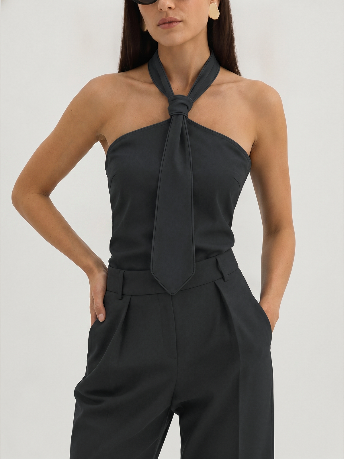 Tie Detail Contrast Trim Halter Neck Top