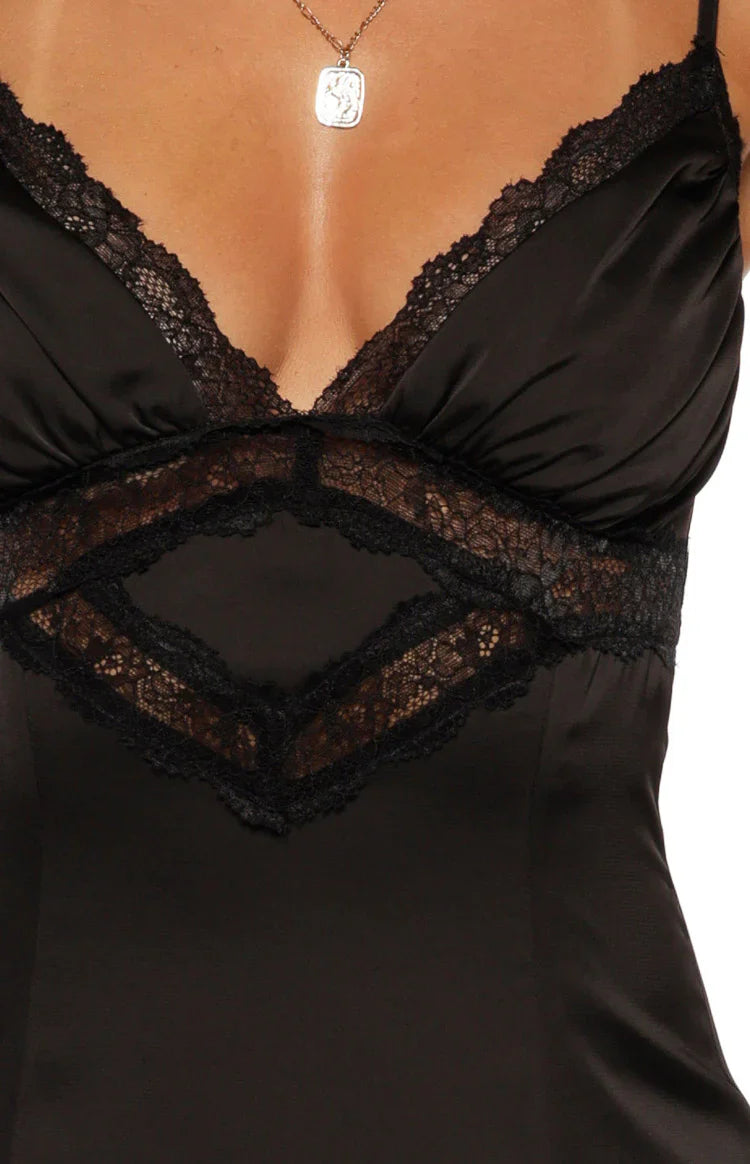 Gabby Black Satin Lace Maxi Dress