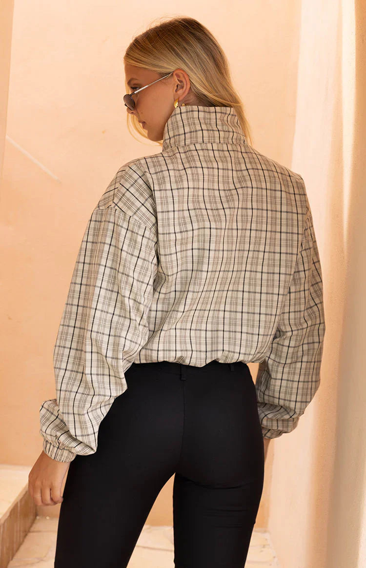 Lee Beige Plaid Funnel Neck Jacket