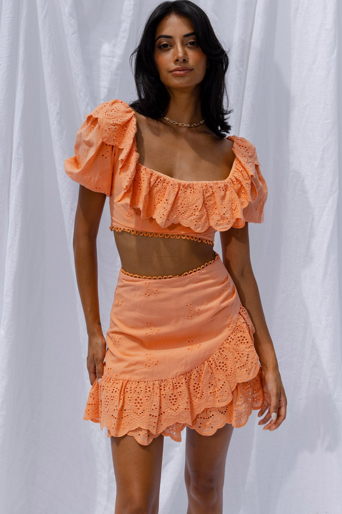 New Moon Scalloped Ruffle Trim Eyelet Skirt Orange