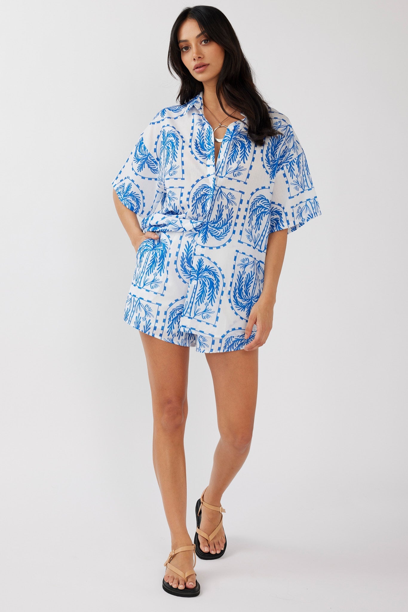 Cora Elastic Waist Shorts Print Blue White