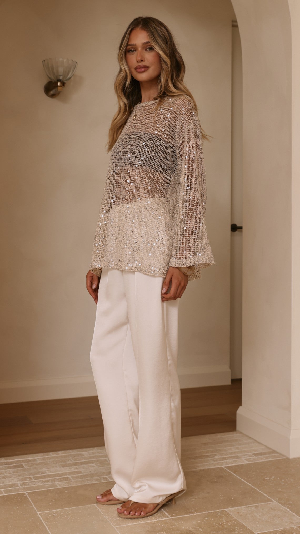 Zahni Sequins Long Sleeve Top - Beige