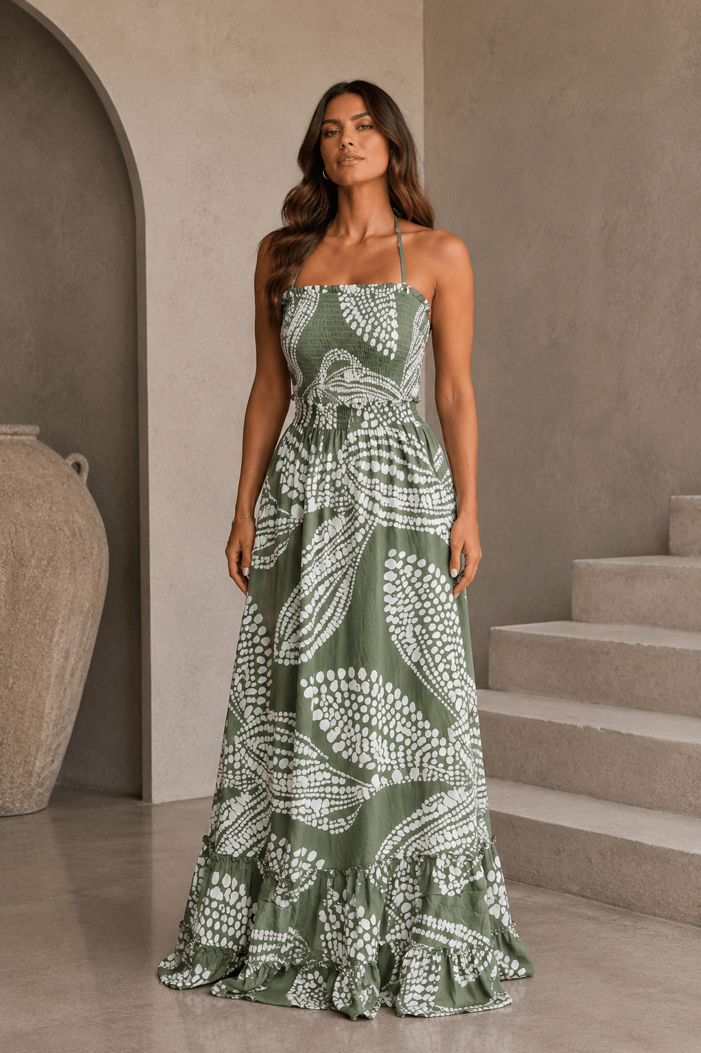 Olive Green & White Maxi Dress