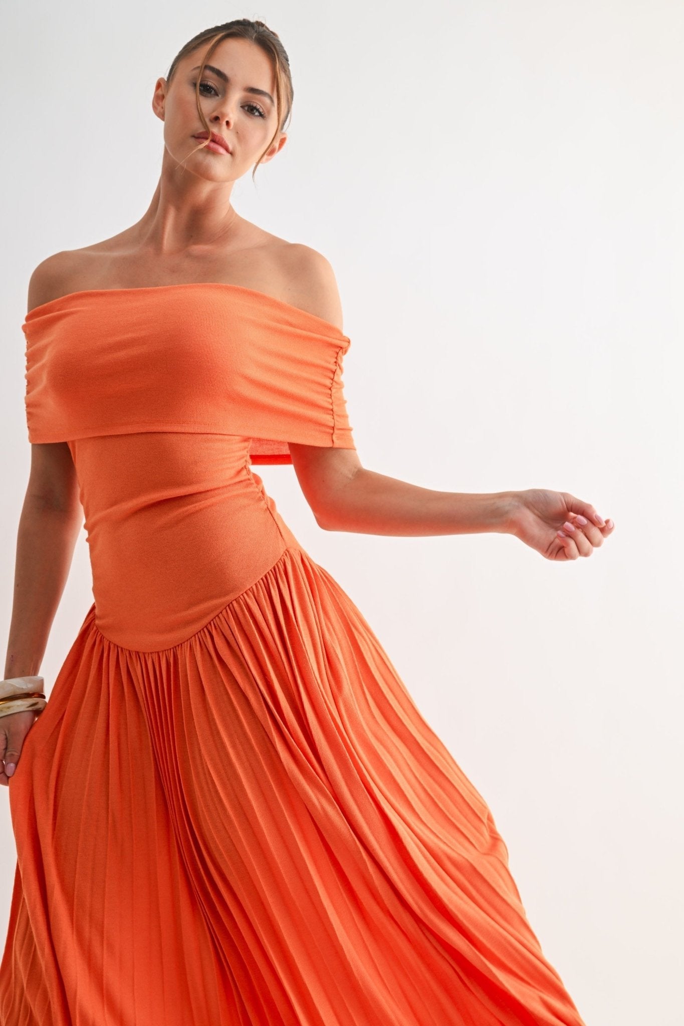 Orange Soleil Pleated Maxi Dress