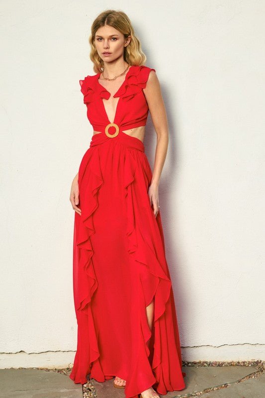 Red Cutout Frilly Maxi Dress