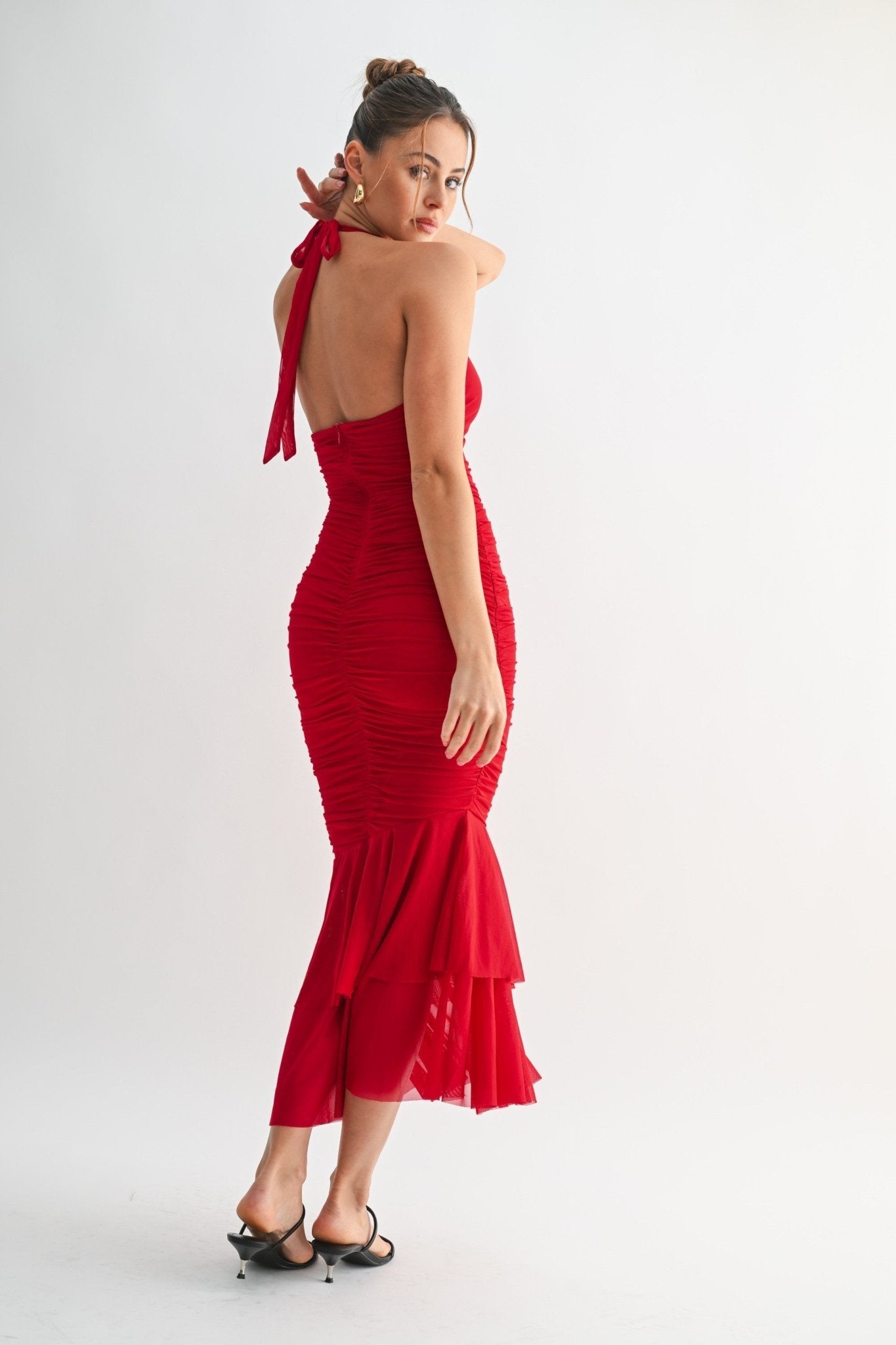 Red La Rouge Halter Flounce Gown