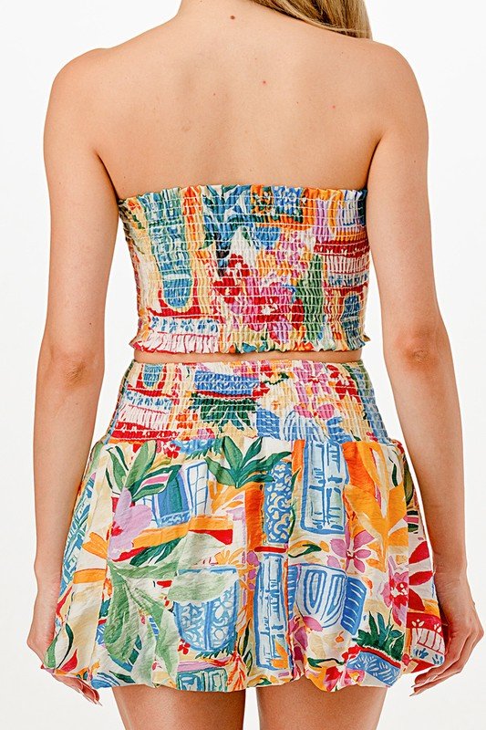 Strapless Colorful Printed Bubble Skirt Set