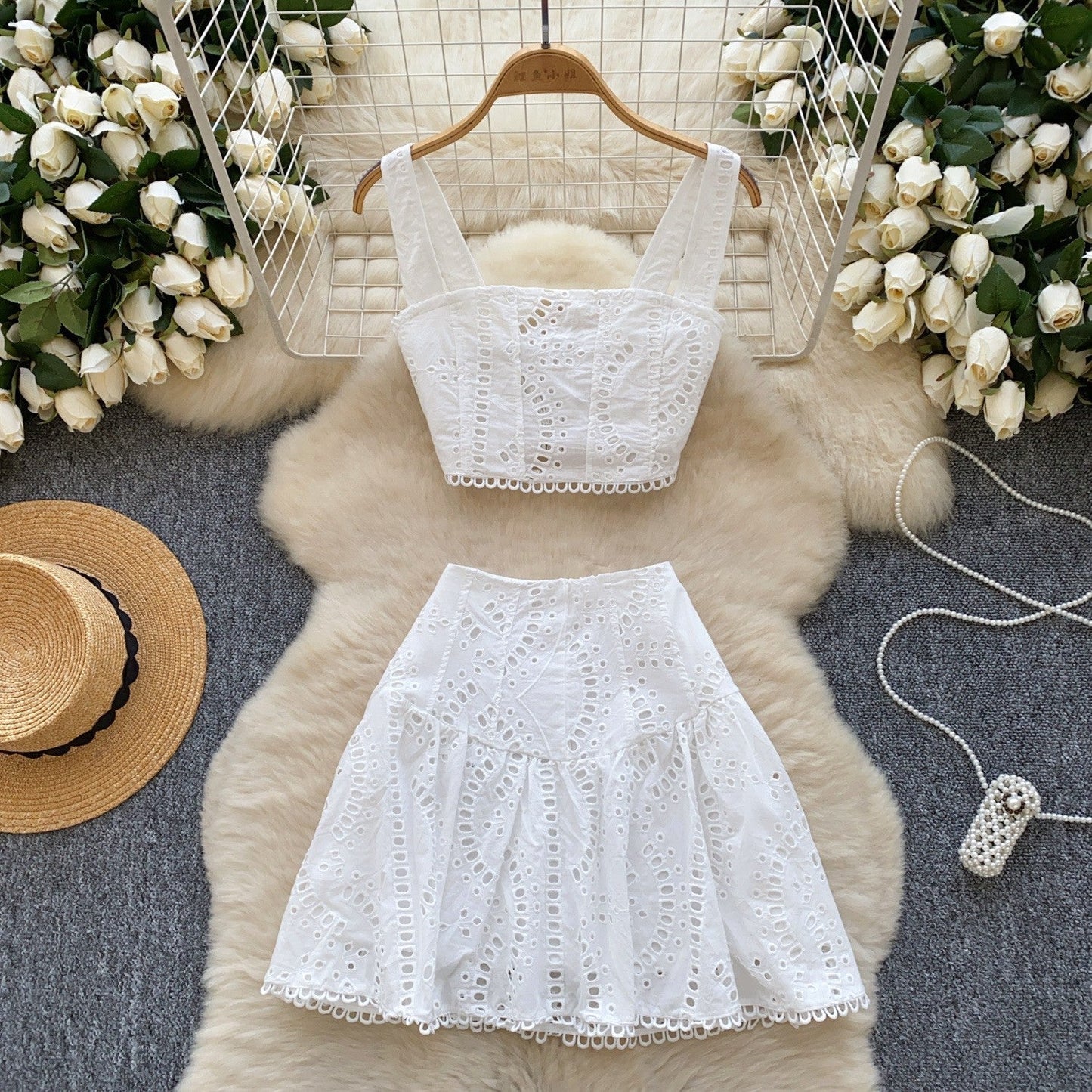 White Embroidery Skirt Set