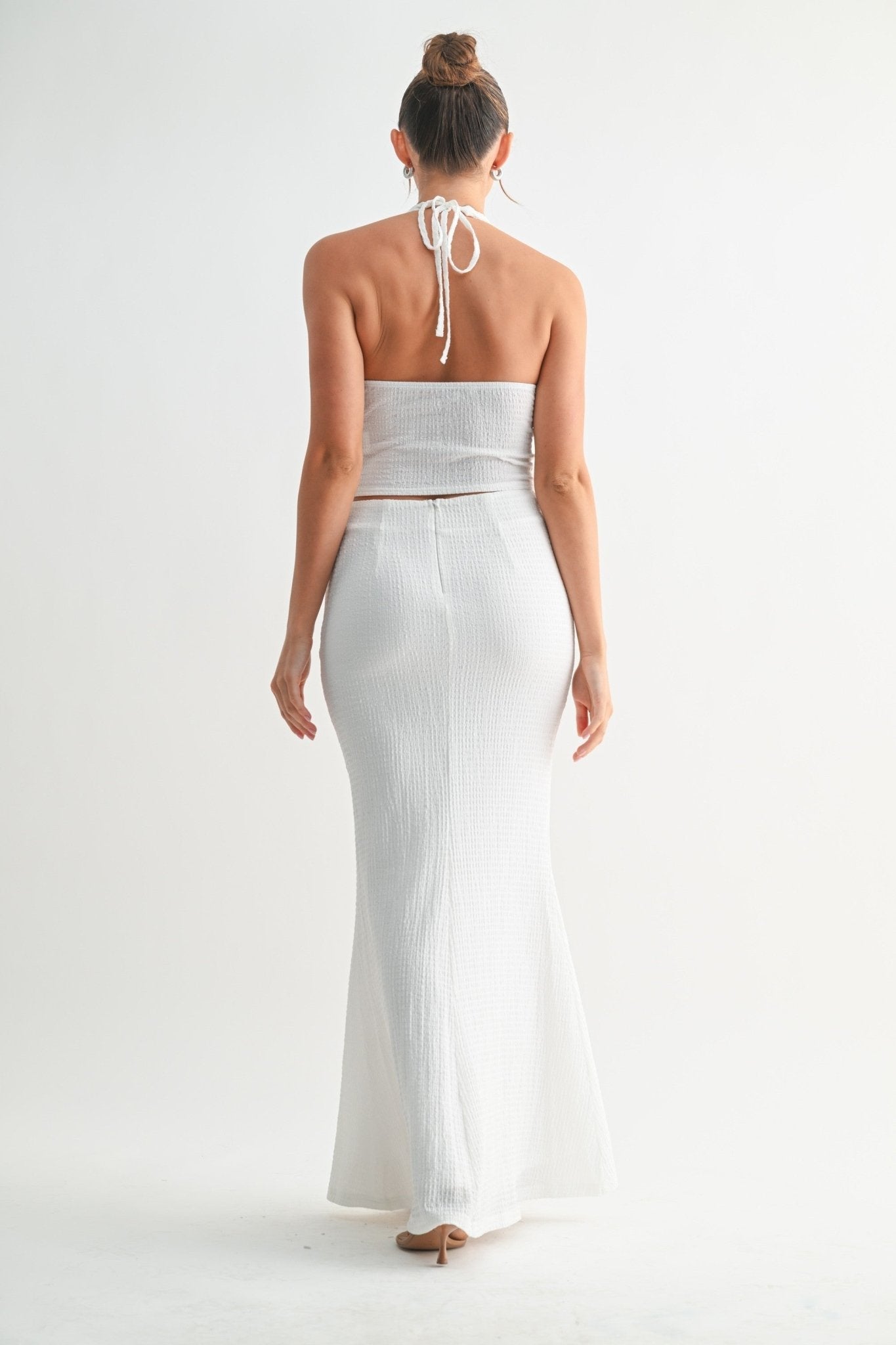 White Halter Texture Skirt Set
