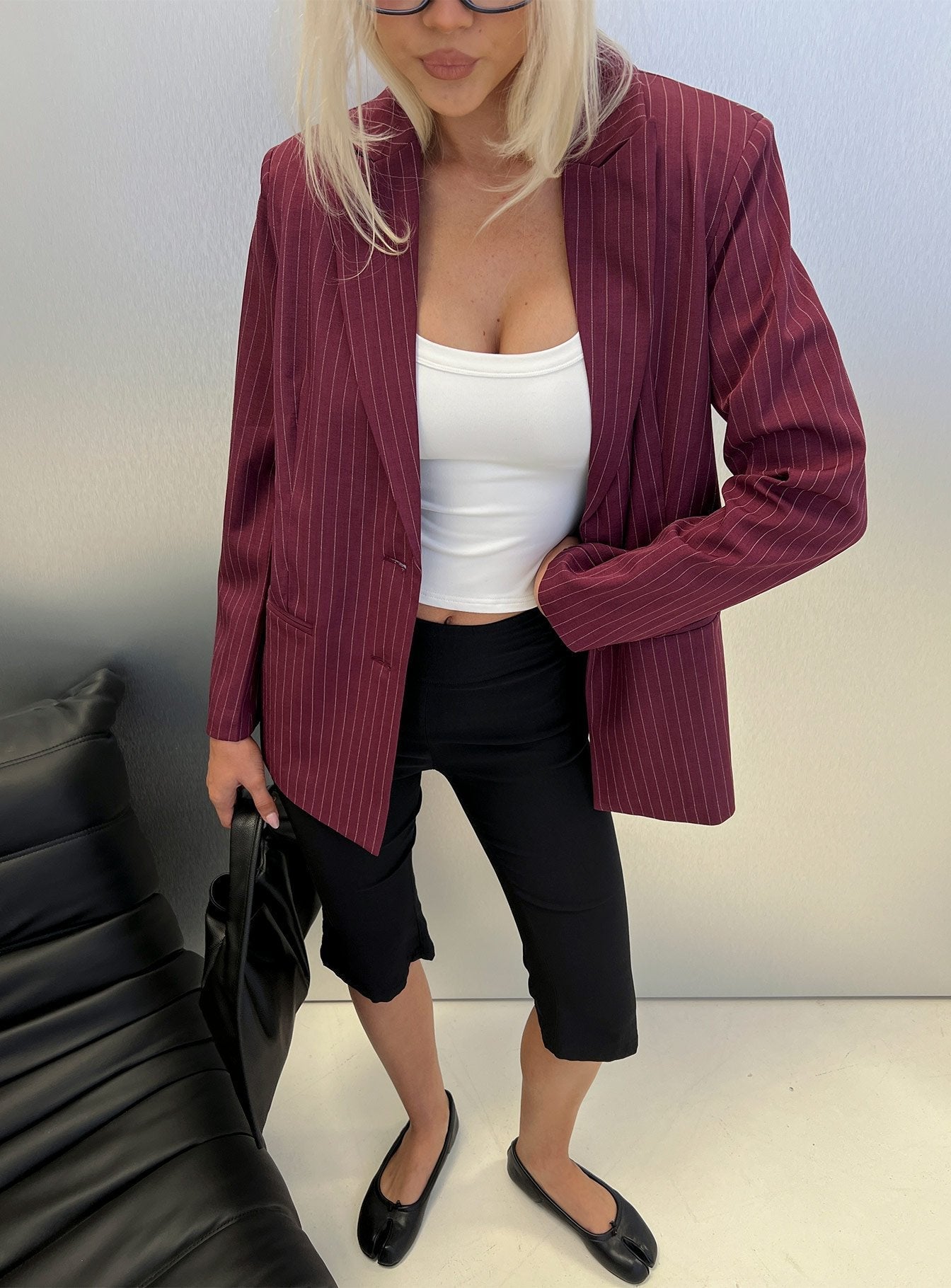 Crowd Pleaser Pinstripe Oversized Blazer Burgundy Pinstripe