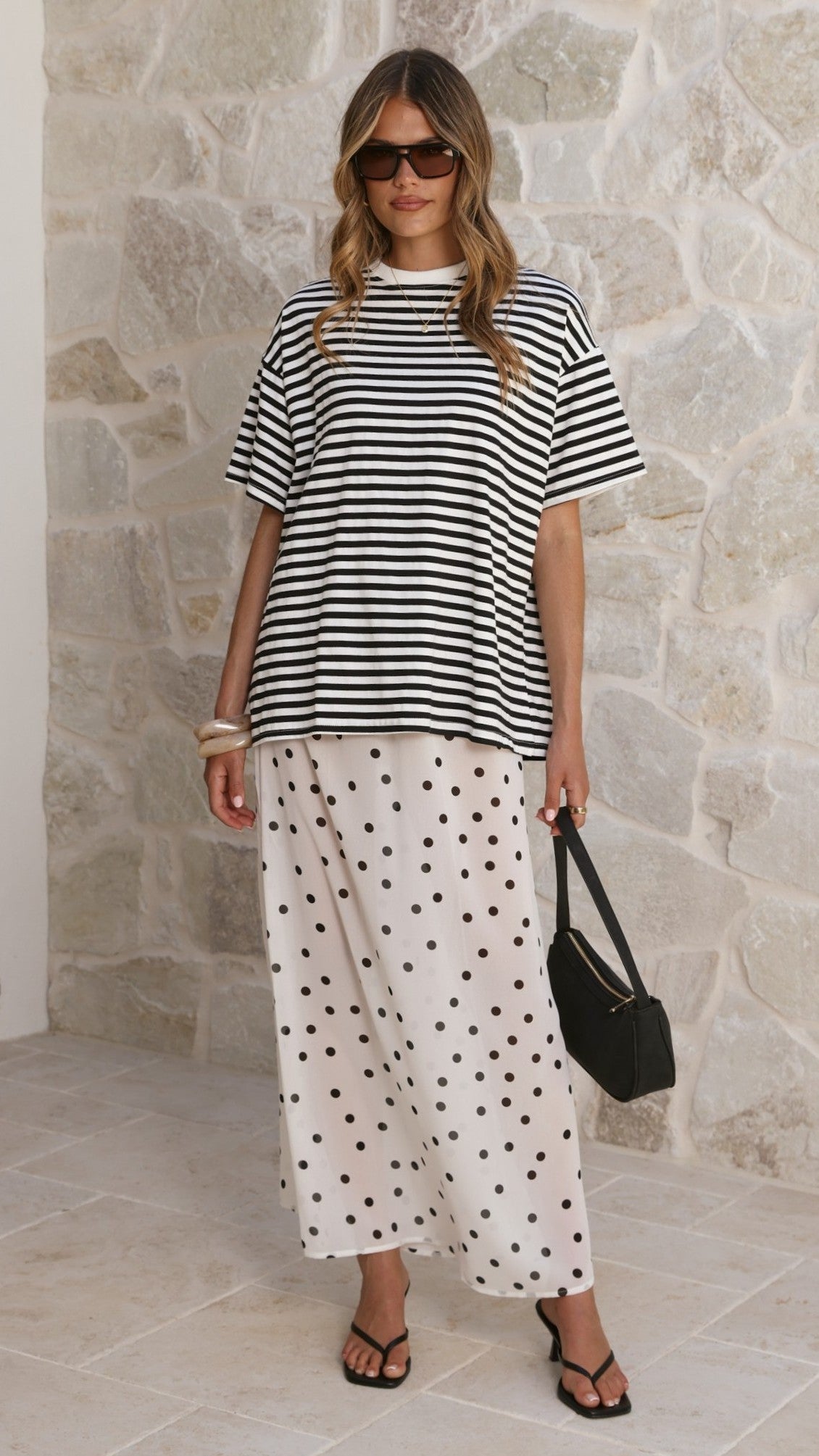 Elisha T-Shirt and Sheer Maxi Skirt Set - Black / White Stripe and Polka Dot
