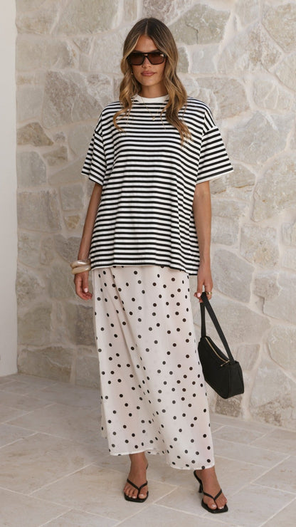 Elisha T-Shirt and Sheer Maxi Skirt Set - Black / White Stripe and Polka Dot