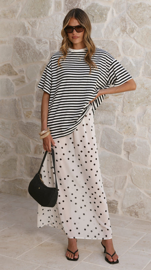 Elisha T-Shirt and Sheer Maxi Skirt Set - Black / White Stripe and Polka Dot