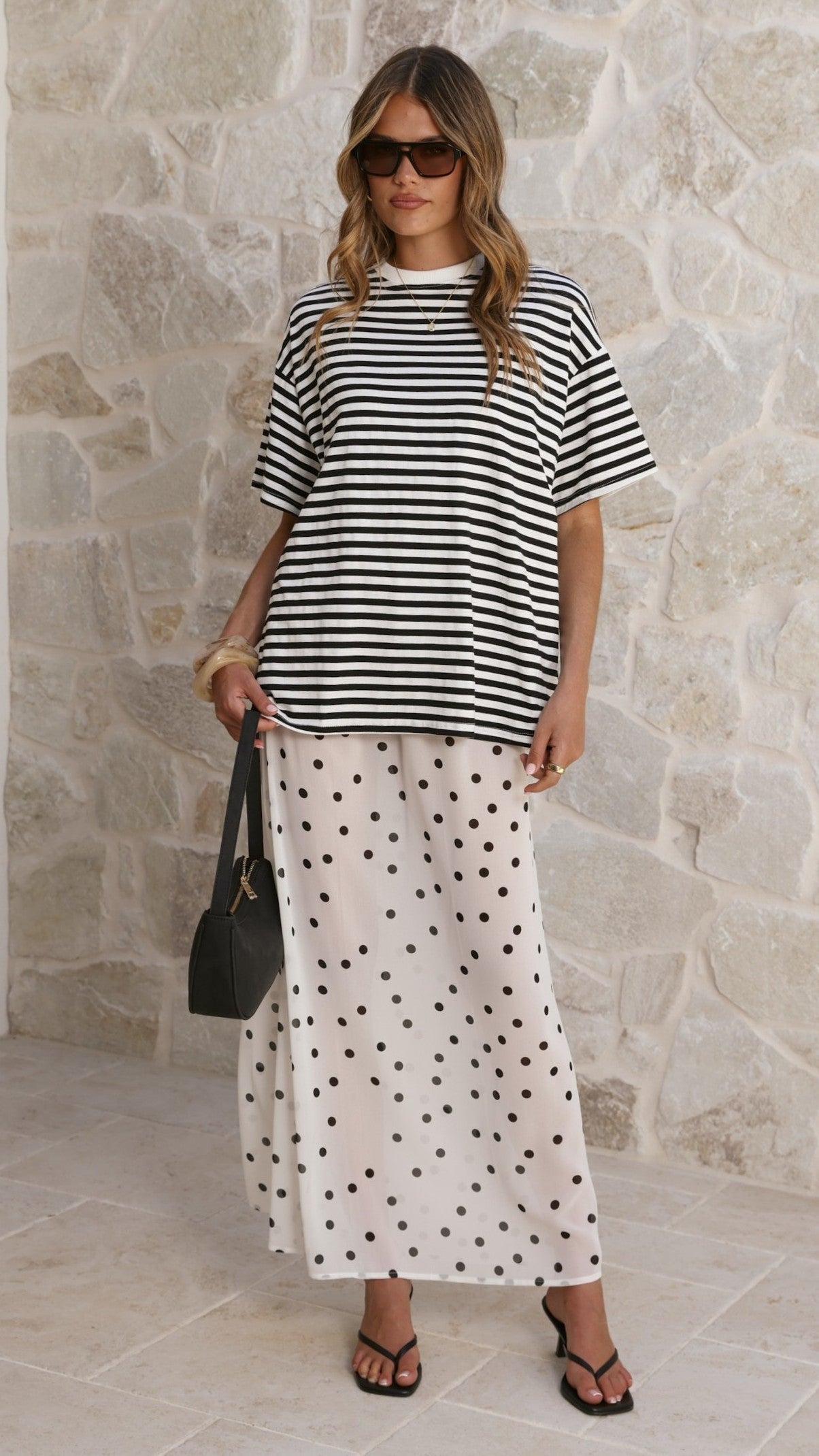 Elisha T-Shirt and Sheer Maxi Skirt Set - Black / White Stripe and Polka Dot