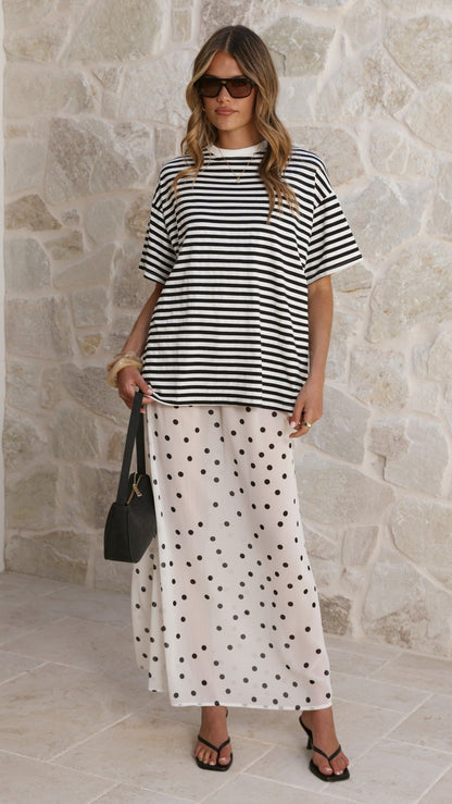Elisha T-Shirt and Sheer Maxi Skirt Set - Black / White Stripe and Polka Dot