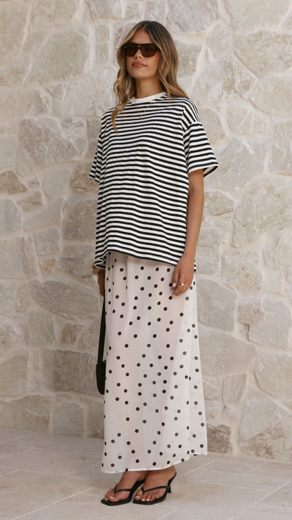 Elisha T-Shirt and Sheer Maxi Skirt Set - Black / White Stripe and Polka Dot