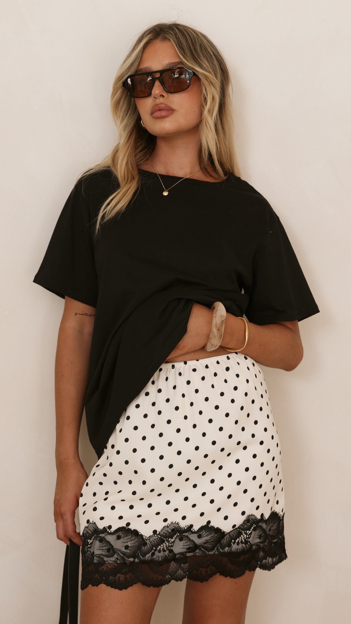 Kiki Lace Mini Skirt - Cream/Black Polka