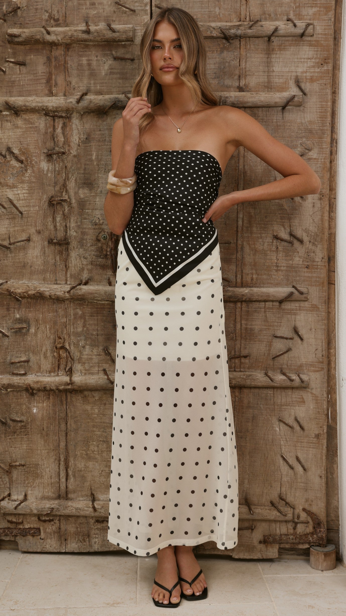 Onella Semi Sheer Maxi Skirt - Cream/Black Polka Dot