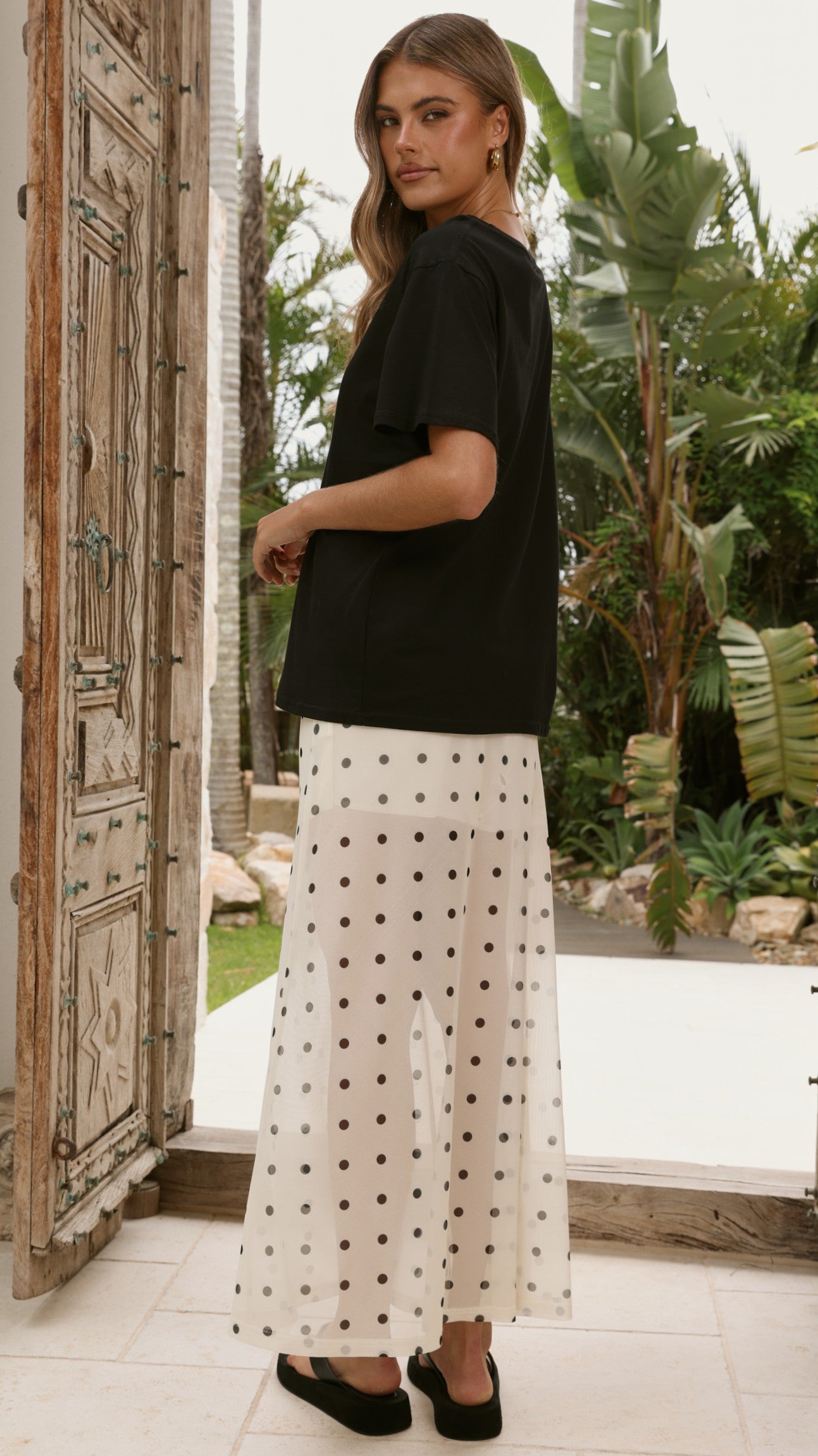 Onella Semi Sheer Maxi Skirt - Cream/Black Polka Dot
