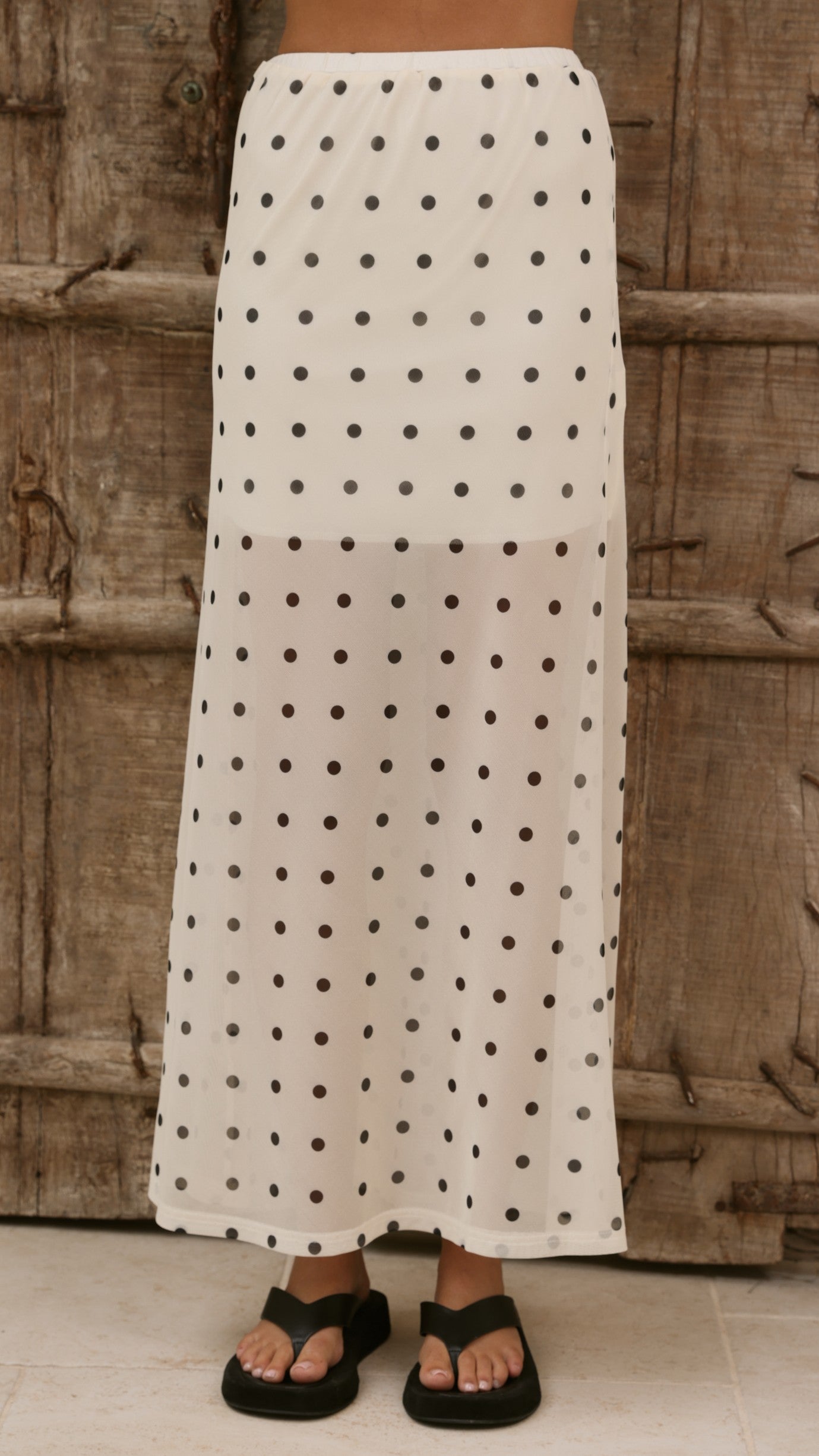 Onella Semi Sheer Maxi Skirt - Cream/Black Polka Dot