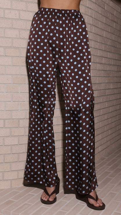 Liana Off Shoulder Top & Pants Set - Choc/Blue Polka Dot