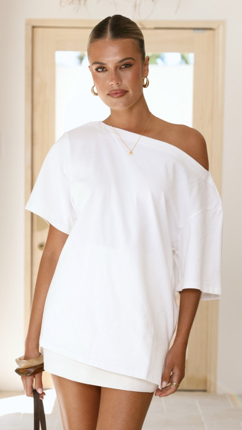 Pia One Shoulder Oversize Tee - White