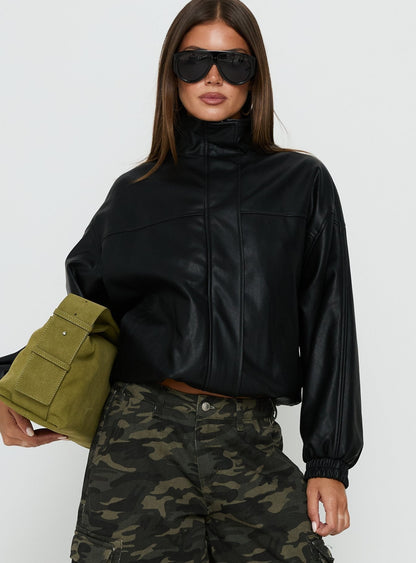 Dialtone Funnel Neck Faux Leather Jacket Black