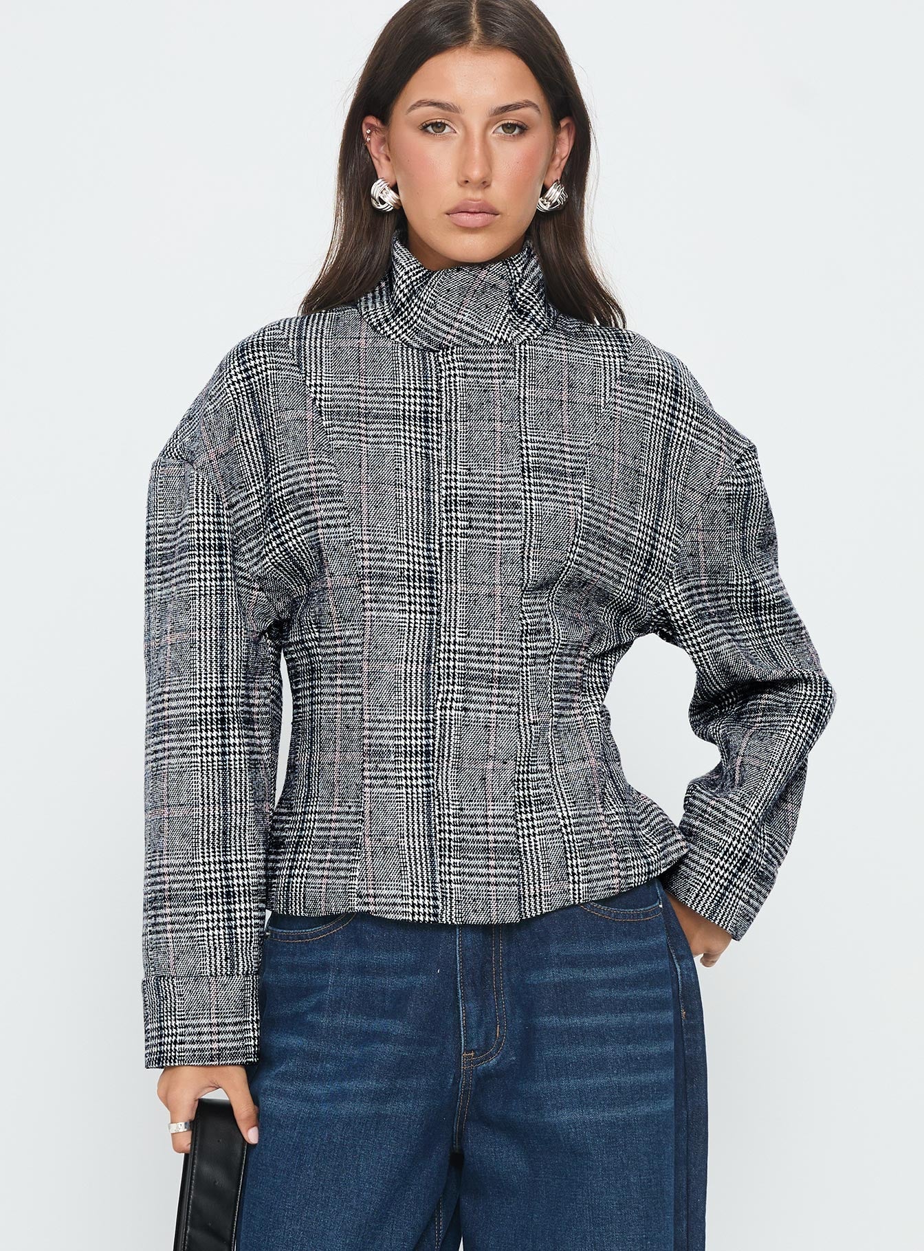 Cathrine Cinched High Neck Jacket Grey Plaid