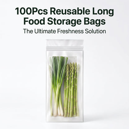 🥬 50/100PCS Reusable Long Food Storage Bags, Double-Zip Seal Freshness Bags for Kitchen