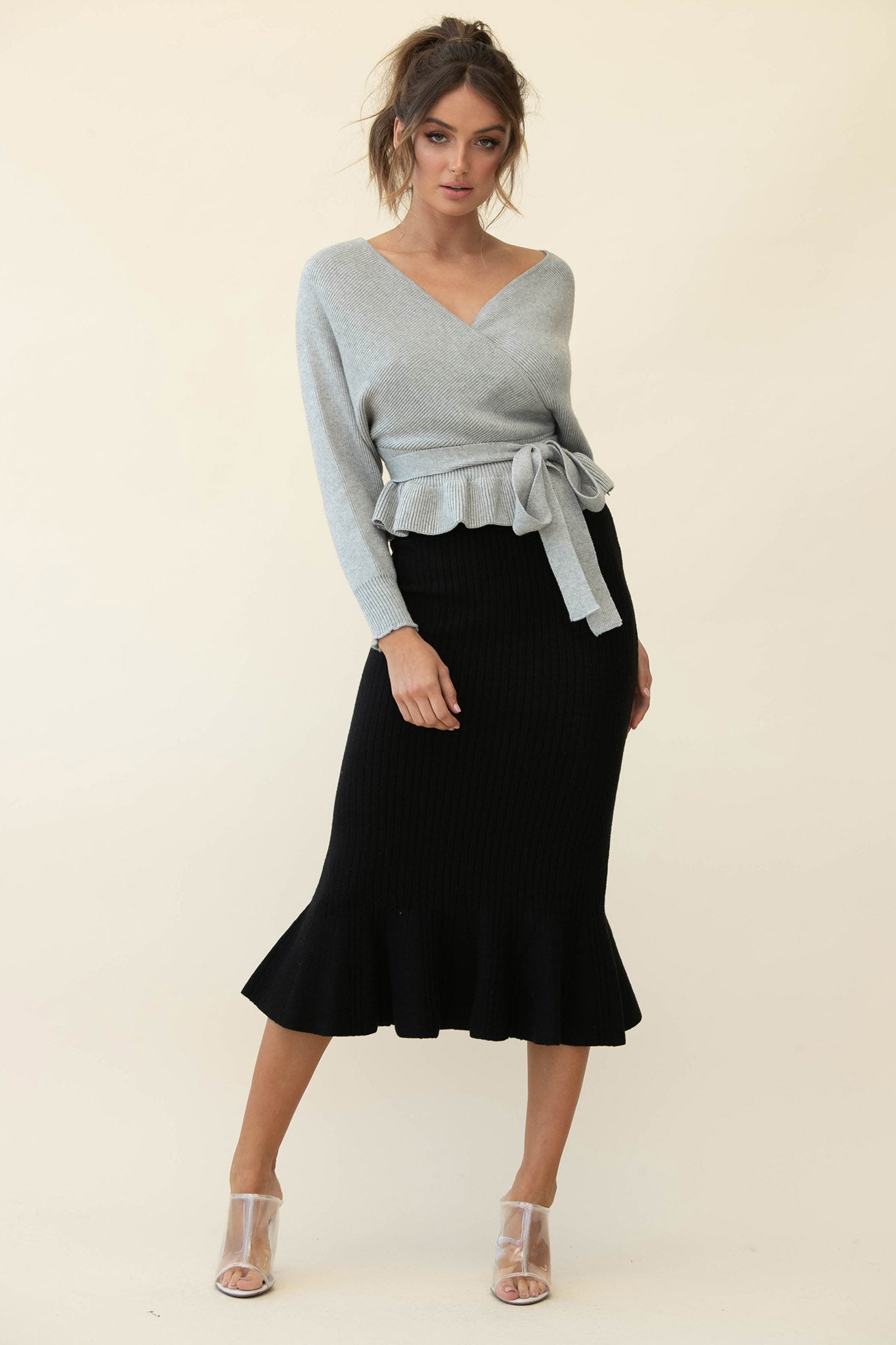 Shalon Ribbed Knit Fluted Hem Midi Skirt Antique Black