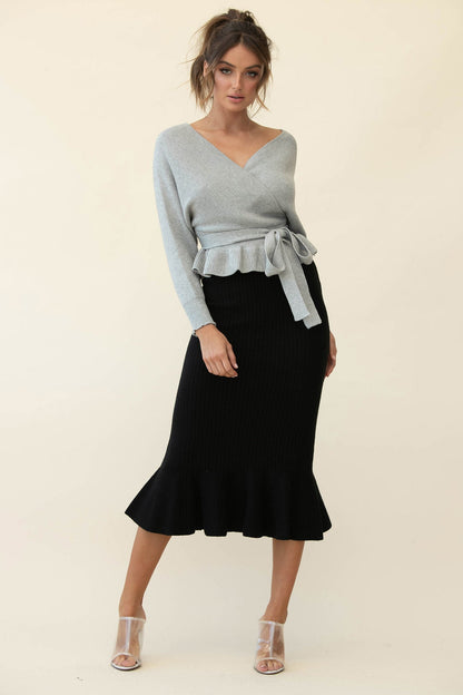 Shalon Ribbed Knit Fluted Hem Midi Skirt Antique Black