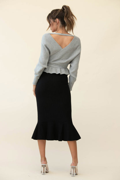 Shalon Ribbed Knit Fluted Hem Midi Skirt Antique Black