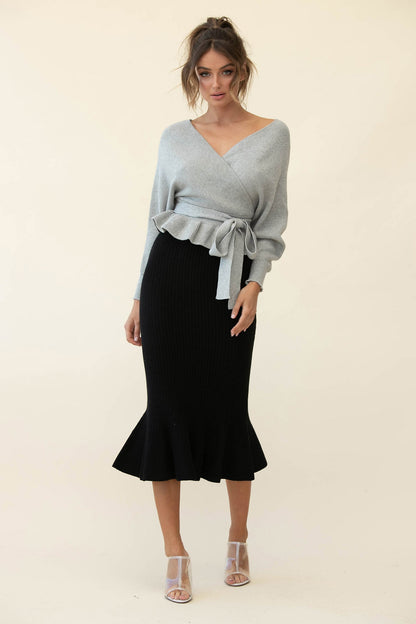 Shalon Ribbed Knit Fluted Hem Midi Skirt Antique Black