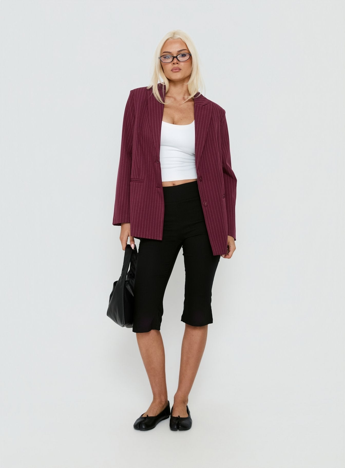 Crowd Pleaser Pinstripe Oversized Blazer Burgundy Pinstripe