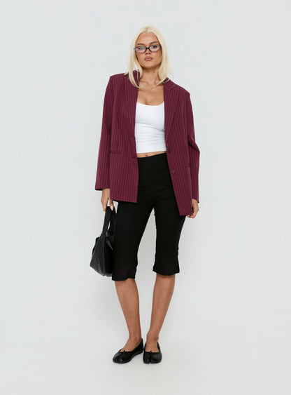 Crowd Pleaser Pinstripe Oversized Blazer Burgundy Pinstripe