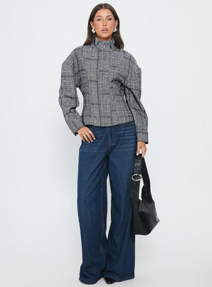 Cathrine Cinched High Neck Jacket Grey Plaid