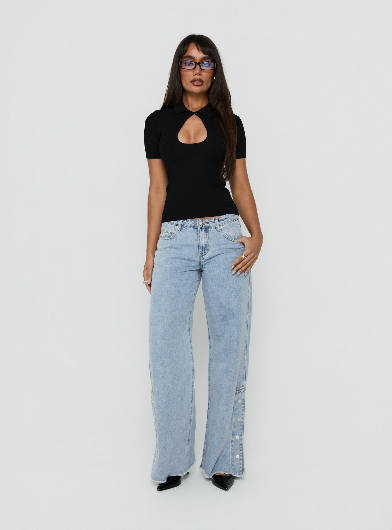 Dakoba Button Detail Mid Rise Straight Leg Jean Light Blue Wash